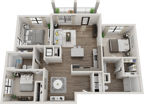 Floor plan for 3 beds, 2 baths, 1245 sqft